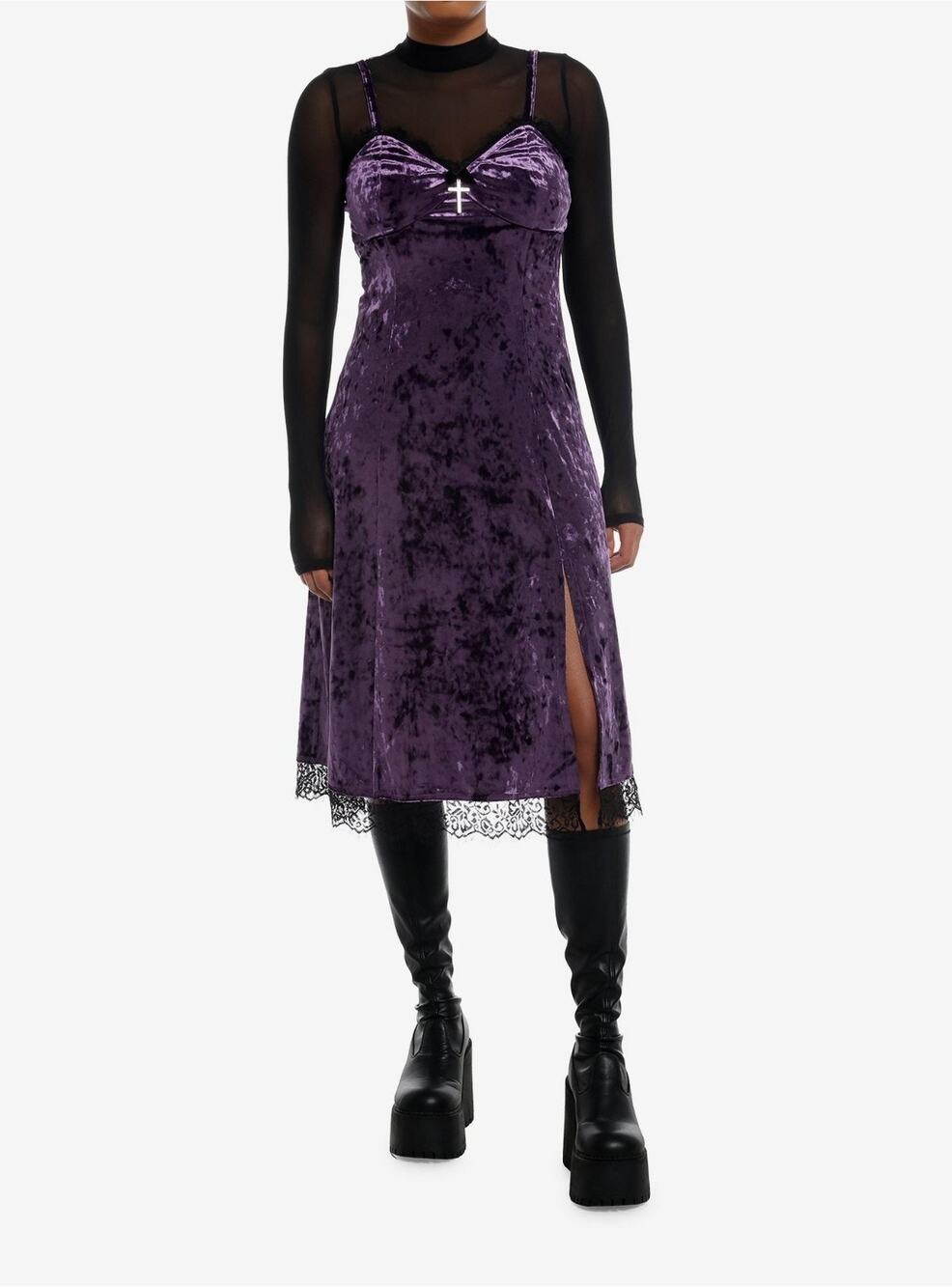Cosmic Aura Purple Velvet Mesh Long Sleeve Twofer Hot Topic Goth Dress